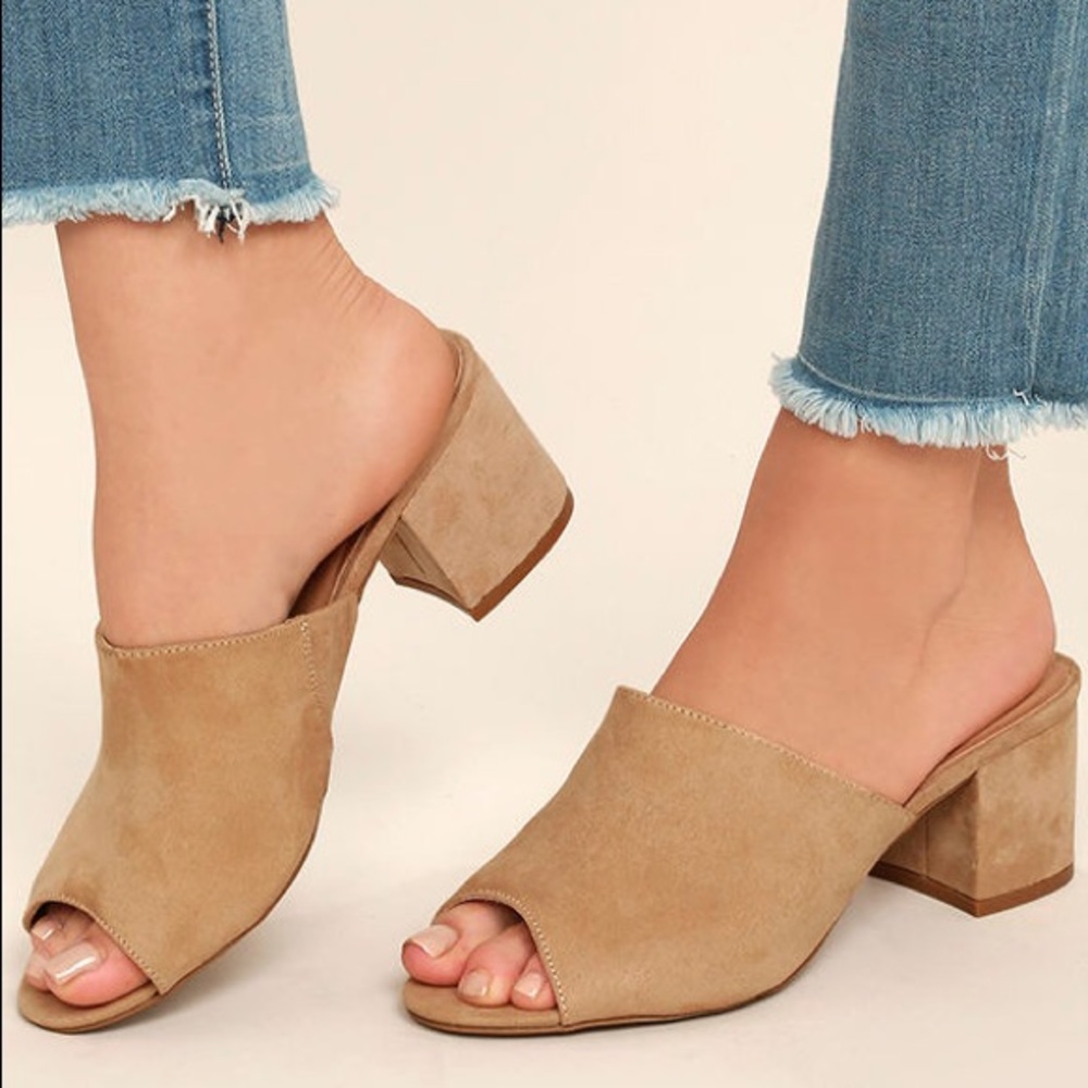 Beige Chunky Heel Peep Open Toe Vegan Mules Sz 8/9